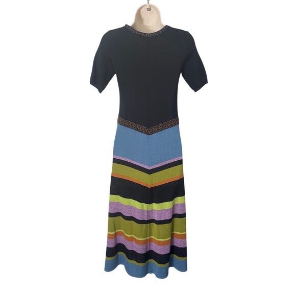 Navarila Merino Wool Blend Midi Black Multicolor Striped Dress Size 6 US/36 EUR - Picture 2 of 8